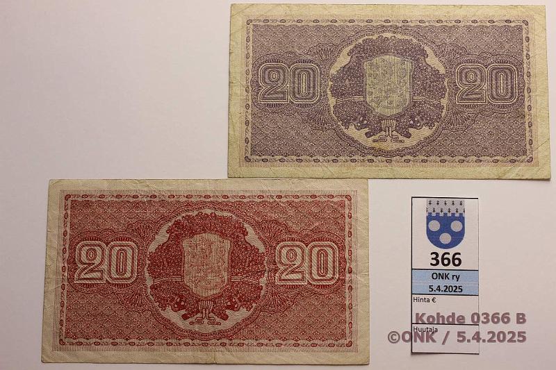 k-0366-b.jpg - Kohde 366 (kuva 2/2), lhthinta: 25 € / ei tarjouksia 20 mk 1922 ja LC SNY 158.1 + .4 B0433851 HEU-The; LC R0244505 BUR-Wah, kunto: 3, 4