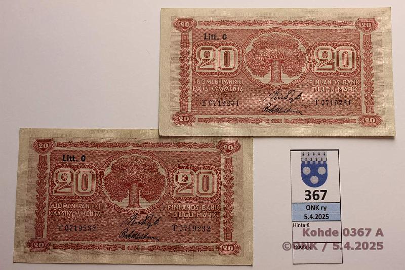 k-0367-a.jpg - Kohde 367, lhthinta: 50 € / myyntihinta: 66 € 20 mk 1922 LC (2) SNY 158.4 T0719231-32 RYT-Wah, painumia, ei taitteita, perkkiset, kunto: 7