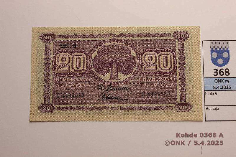 k-0368-a.jpg - Kohde 368 (kuva 1/2), lhthinta: 15 € / myyntihinta: 17 € 20 mk 1939 LD SNY 159.2 C4494560 KIV-Wah, vl 2, kunto: 7