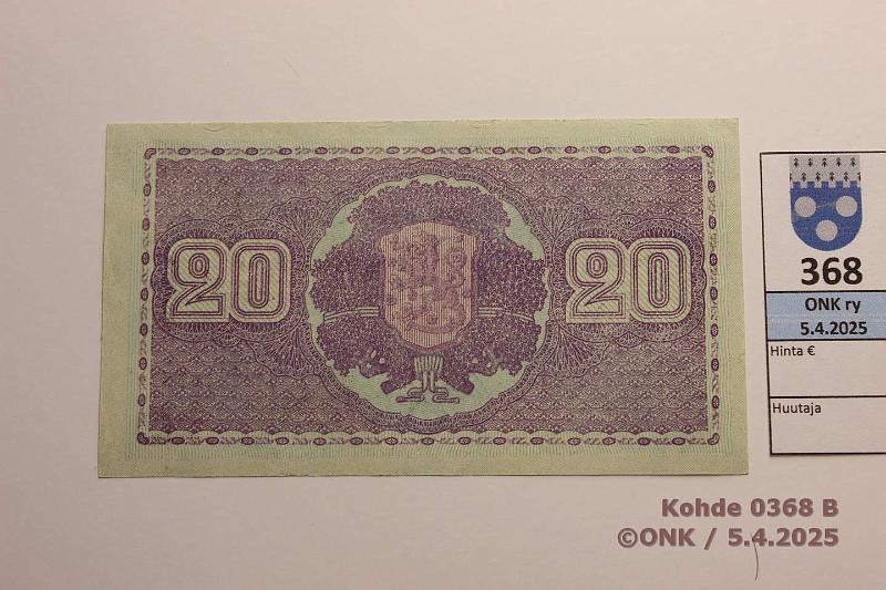 k-0368-b.jpg - Kohde 368 (kuva 2/2), lhthinta: 15 € / myyntihinta: 17 € 20 mk 1939 LD SNY 159.2 C4494560 KIV-Wah, vl 2, kunto: 7