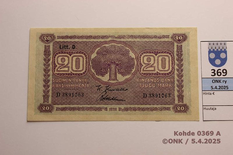 k-0369-a.jpg - Kohde 369 (kuva 1/2), lhthinta: 15 € / myyntihinta: 15 € 20 mk 1939 LD SNY 159.2 D3891063 KIV-Wah, vl 2, kunto: 8