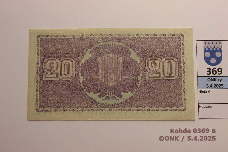 k-0369-b.jpg - Kohde 369 (kuva 2/2), lhthinta: 15 € / myyntihinta: 15 € 20 mk 1939 LD SNY 159.2 D3891063 KIV-Wah, vl 2, kunto: 8