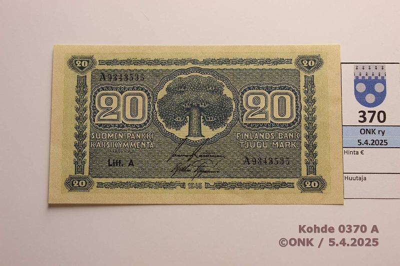 k-0370-a.jpg - Kohde 370 (kuva 1/2), lhthinta: 10 € / ei tarjouksia 20 mk 1945 LA SNY 160.1.1 A9343535 RAI-AAs, kunto: 9