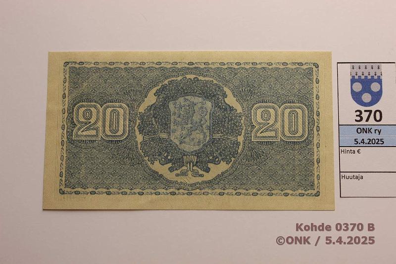 k-0370-b.jpg - Kohde 370 (kuva 2/2), lhthinta: 10 € / ei tarjouksia 20 mk 1945 LA SNY 160.1.1 A9343535 RAI-AAs, kunto: 9