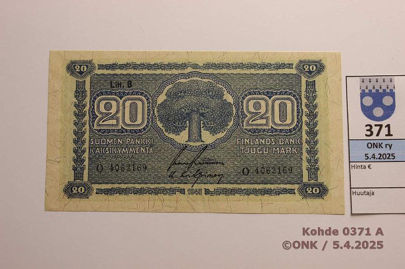k-0371-a.jpg - Kohde 371, lhthinta: 5 € / myyntihinta: 9 € 20 mk 1945 LB SNY 160.2.1 O4062169 RAI-Kil, kunto: 8