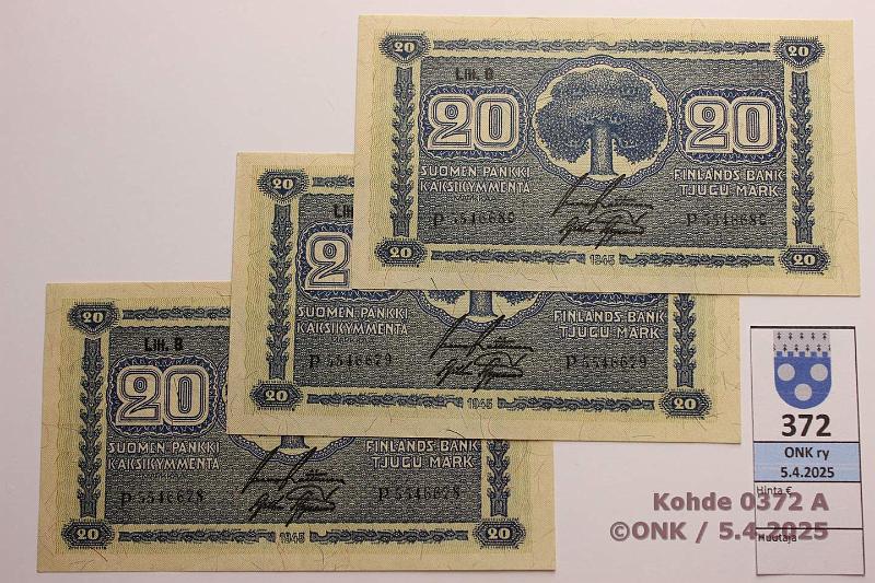 k-0372-a.jpg - Kohde 372, lhthinta: 15 € / myyntihinta: 23 € 20 mk 1945 LB (3) SNY 160.2.1 P5546678-80 RAI-AAs, perkkiset, kunto: 8
