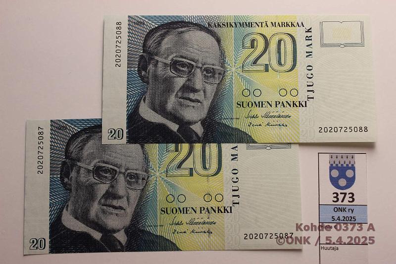 k-0373-a.jpg - Kohde 373 (kuva 1/2), lhthinta: 10 € / myyntihinta: 10 € 20 mk 1993 (2) SNY 161.1 2020725087-88 H II-Ko2, perkkiset, kunto: 9