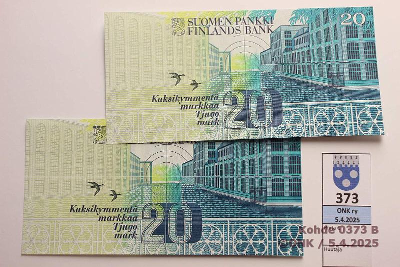 k-0373-b.jpg - Kohde 373 (kuva 2/2), lhthinta: 10 € / myyntihinta: 10 € 20 mk 1993 (2) SNY 161.1 2020725087-88 H II-Ko2, perkkiset, kunto: 9