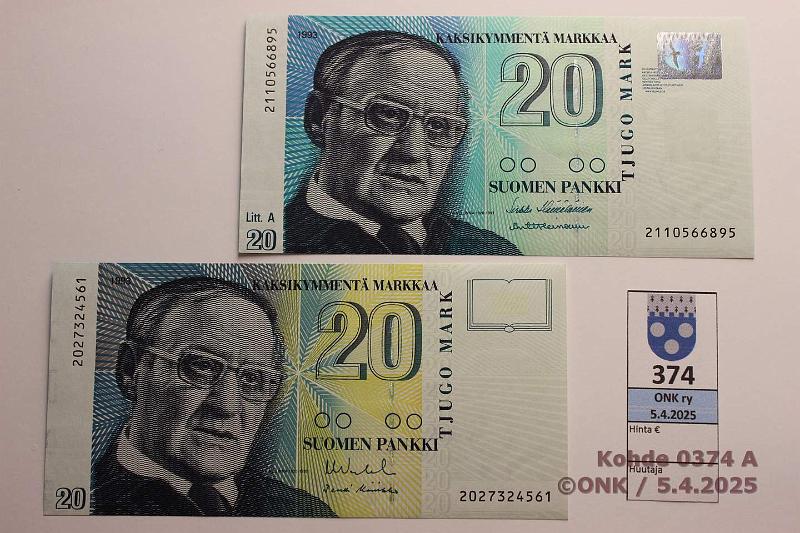 k-0374-a.jpg - Kohde 374, lhthinta: 8 € / myyntihinta: 8 € 20 mk 1993 ei-Litt ja LA SNY 161.1 + .2 2027324561 VA II-Ko2; LA 2110566895 H II-Hei, kunto: 9