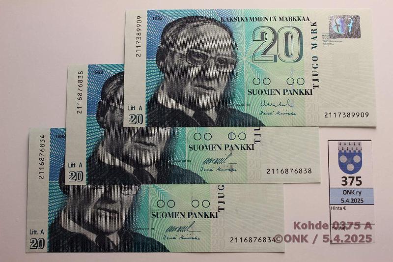 k-0375-a.jpg - Kohde 375, lhthinta: 10 € / myyntihinta: 10 € 20 mk 1993 LA (3) SNY 161.2 211..OL II-Ko2(2), VA II-Ko2, ylreunassa painumaa, kunto: 9
