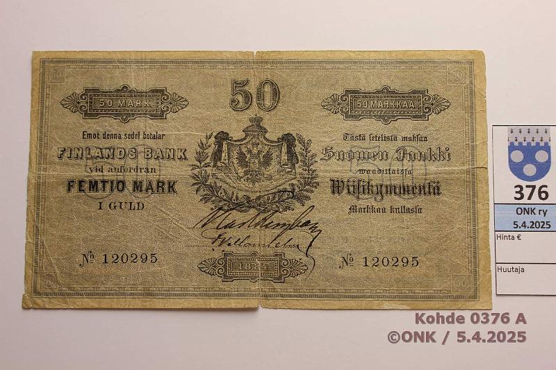 k-0376-a.jpg - Kohde 376 (kuva 1/2), lhthinta: 400 € / myyntihinta: 640 € 50 mk 1884 SNY 163 120295 Bergbom-Mannelin, rep, keskireik, kunto: 3