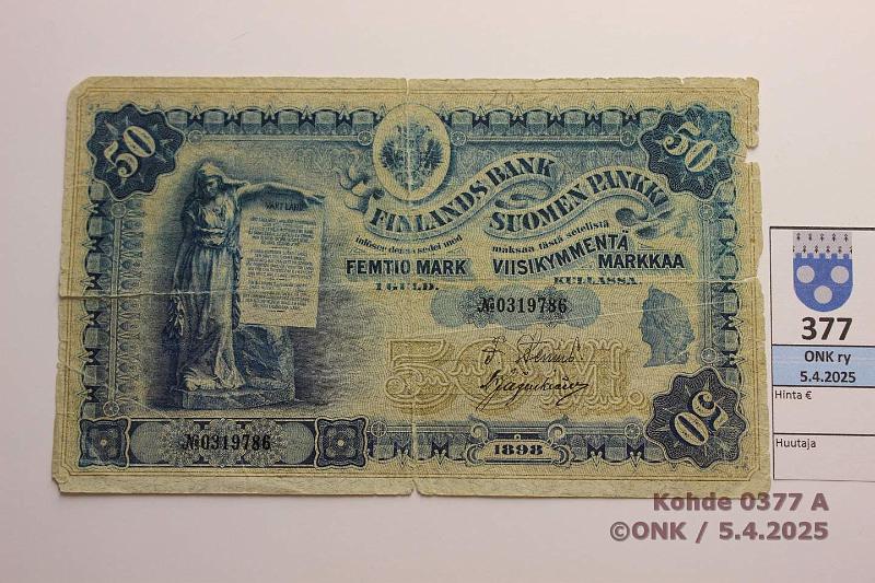 k-0377-a.jpg - Kohde 377 (kuva 1/2), lhthinta: 120 € / myyntihinta: 140 € 50 mk 1898 SNY 164.2 0319786 STS-Jg, viivat alla, isoja rep, reiki, pieni puutoksia, kunto: 2