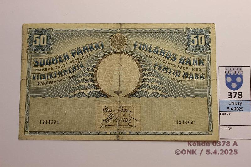 k-0378-a.jpg - Kohde 378 (kuva 1/2), lhthinta: 130 € / myyntihinta: 130 € 50 mk 1909 SNY 165.1.1 1244691 COL-Ml, 2mm saumarep, kunto: 3