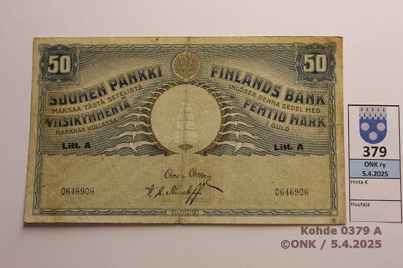 k-0379-a.jpg - Kohde 379 (kuva 1/2), lhthinta: 100 € / myyntihinta: 115 € 50 mk 1909 LA SNY 165.2 0646906 COL-The, prep, preiki, likaa, kunto: 3