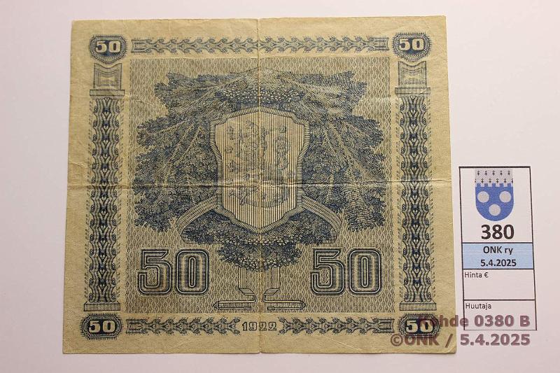 k-0380-b.jpg - Kohde 380 (kuva 2/2), lhthinta: 150 € / myyntihinta: 250 € 50 mk 1922 SNY 167.1 D0745108 HEU-The, prep, preiki, kunto: 3