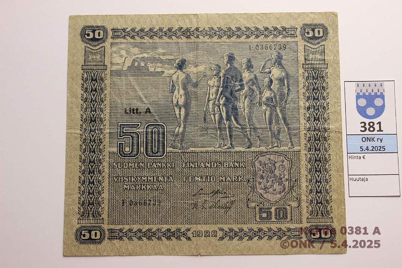 k-0381-a.jpg - Kohde 381 (kuva 1/2), lhthinta: 200 € / myyntihinta: 200 € 50 mk 1922 LA SNY 167.2 F0366739 GR-The, eprep, 3 neulanreik, kunto: 4