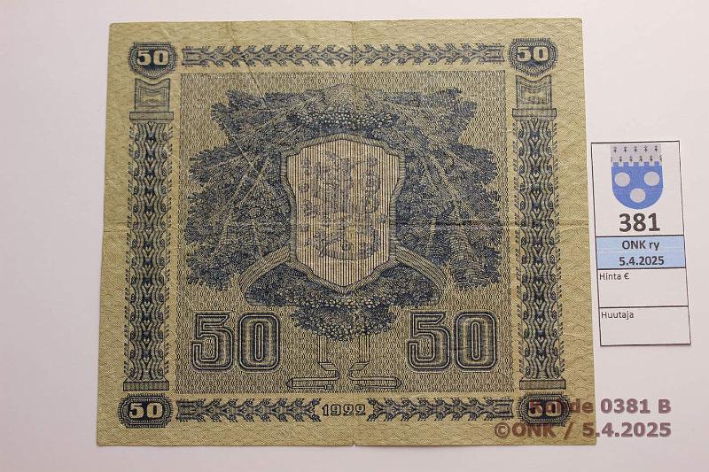 k-0381-b.jpg - Kohde 381 (kuva 2/2), lhthinta: 200 € / myyntihinta: 200 € 50 mk 1922 LA SNY 167.2 F0366739 GR-The, eprep, 3 neulanreik, kunto: 4