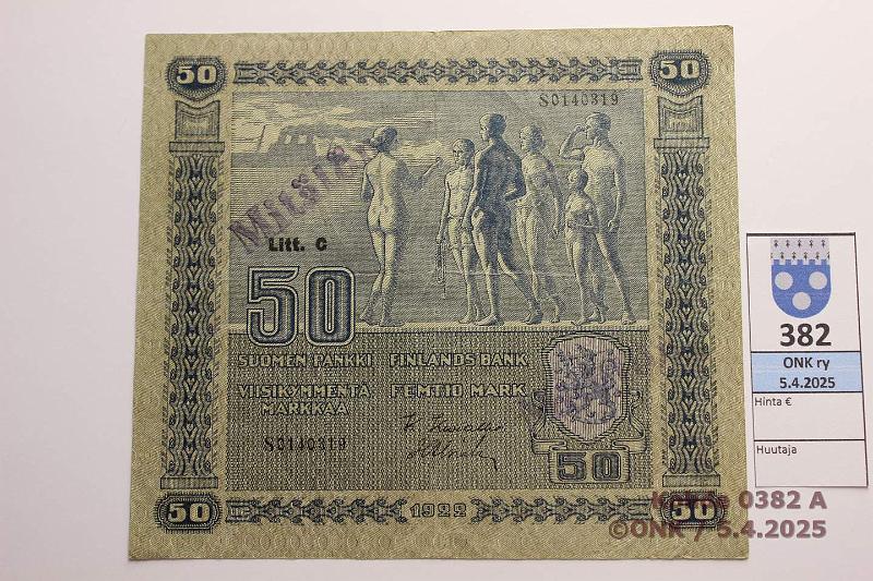 k-0382-a.jpg - Kohde 382 (kuva 1/2), l�ht�hinta: 50 &euro; / myyntihinta: 50 &euro; 50 mk 1922 LC SNY 167.4.1 S0140319 KIV-Als, harv ak-pari (v), kova paperi, Mit�t�n-leimat, kunto: 5