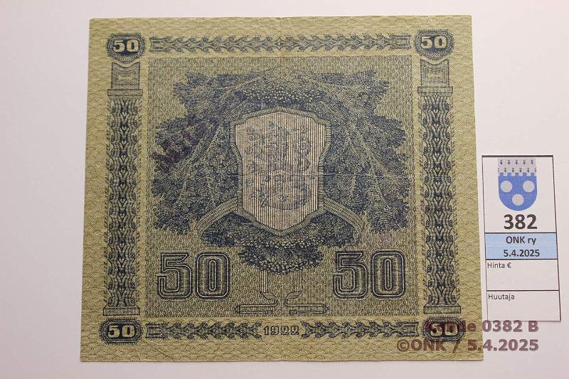 k-0382-b.jpg - Kohde 382 (kuva 2/2), lhthinta: 50 € / myyntihinta: 50 € 50 mk 1922 LC SNY 167.4.1 S0140319 KIV-Als, harv ak-pari (v), kova paperi, Mittn-leimat, kunto: 5