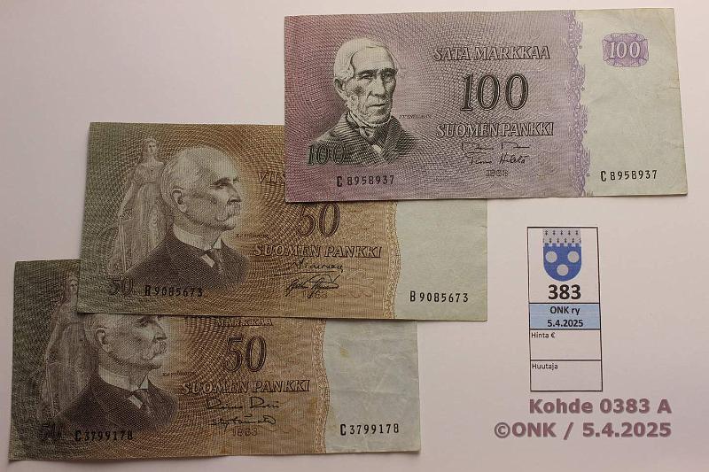 k-0383-a.jpg - Kohde 383 (kuva 1/2), lhthinta: 80 € / ei tarjouksia 50 + 100 mk 1963 (2+1) SNY 170.1.1, 183.1.1 50mk C..RO I-Tr(tahra), B..SIM-AAs, harv ak-pari (v); 100mk C..RO II-He, harv ak-pari (v), kunto: 4