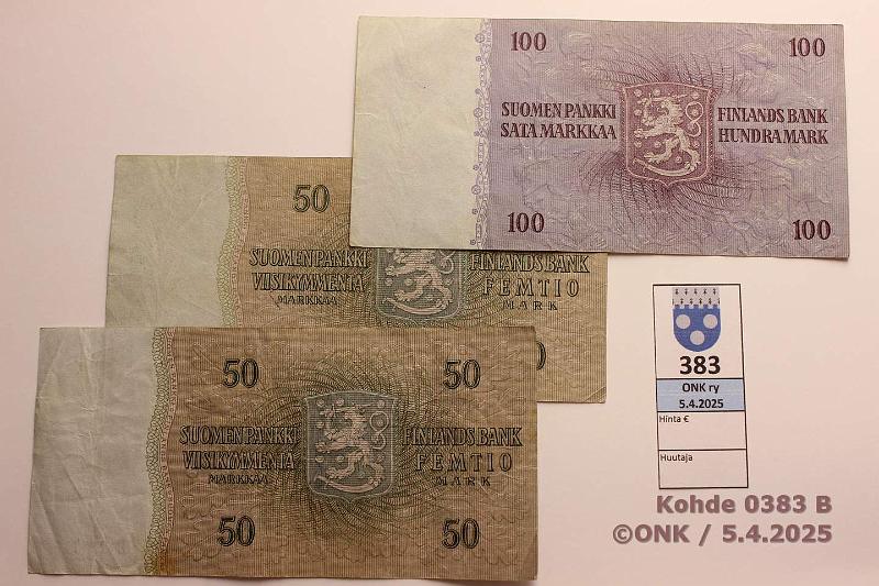 k-0383-b.jpg - Kohde 383 (kuva 2/2), lhthinta: 80 € / ei tarjouksia 50 + 100 mk 1963 (2+1) SNY 170.1.1, 183.1.1 50mk C..RO I-Tr(tahra), B..SIM-AAs, harv ak-pari (v); 100mk C..RO II-He, harv ak-pari (v), kunto: 4