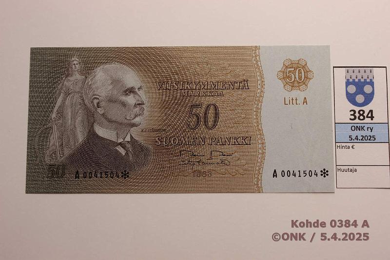 k-0384-a.jpg - Kohde 384 (kuva 1/2), lhthinta: 800 € / myyntihinta: 800 € 50 mk 1963 LA A* SNY 170.4 A0041504* RO II-Tr, vaikea korvaava, kunto: 9