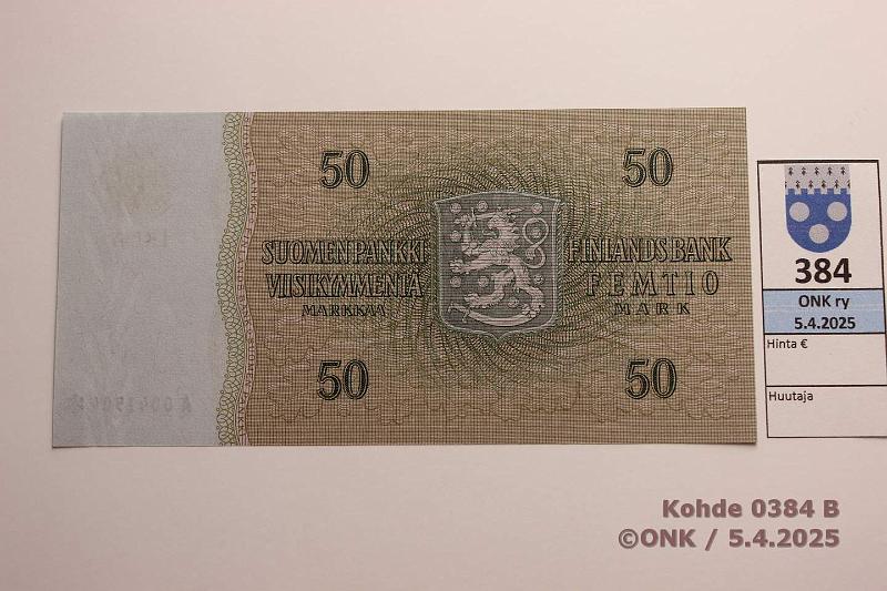 k-0384-b.jpg - Kohde 384 (kuva 2/2), lhthinta: 800 € / myyntihinta: 800 € 50 mk 1963 LA A* SNY 170.4 A0041504* RO II-Tr, vaikea korvaava, kunto: 9