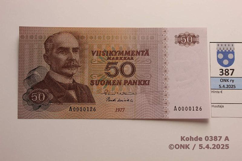 k-0387-a.jpg - Kohde 387, lhthinta: 30 € / myyntihinta: 77 € 50 mk 1977 SNY 171.1.1 A0000126 HET-Ko1, pieni sarjanumero, kunto: 9