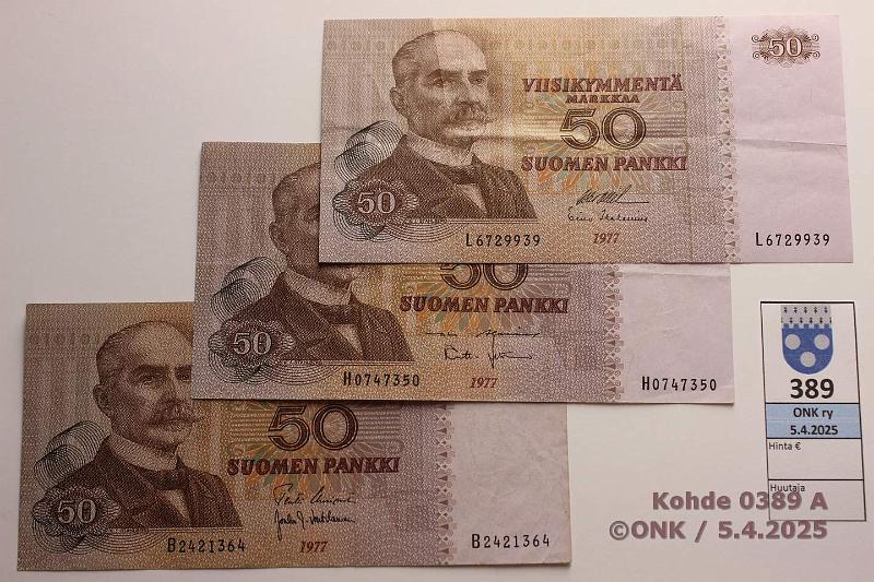 k-0389-a.jpg - Kohde 389, lhthinta: 18 € / myyntihinta: 33 € 50 mk 1977 (3) SNY 171.1.1 B..UUS-Vou, harv ak-pari (v), H..AL I-Leh, L..OL I-Hes, kunto: 4-5