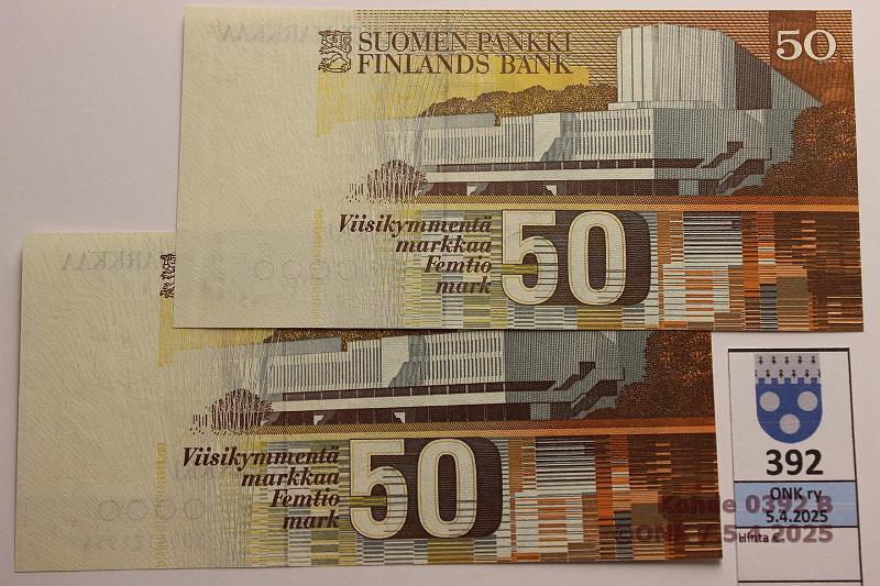 k-0392-b.jpg - Kohde 392 (kuva 2/2), lhthinta: 20 € / myyntihinta: 34 € 50 mk 1986 (2) SNY 172.1.1 3006121954 LIN-Hes; 3006481945 AL I-Va1. Hentoja painumia, ei taitteita, kunto: 8, 9