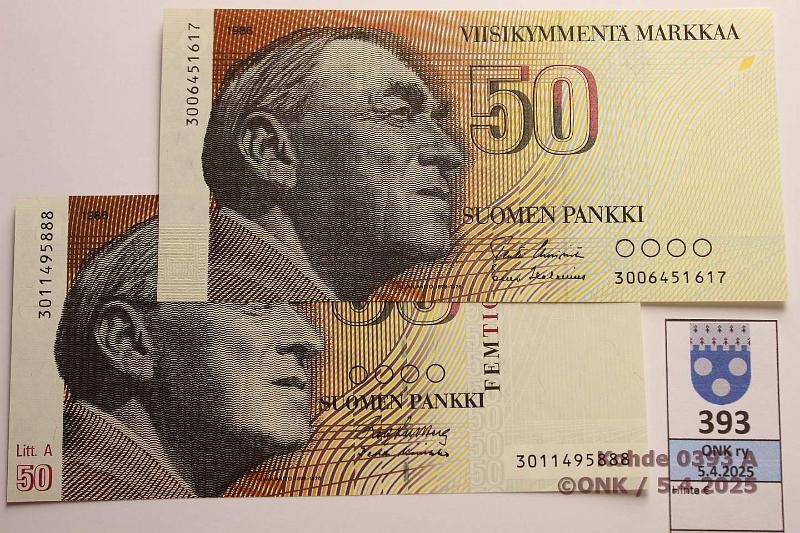 k-0393-a.jpg - Kohde 393, lhthinta: 18 € / myyntihinta: 18 € 50 mk 1986 ei-Litt ja LA SNY 172.1.1 + .3 3006451617 UUS-Hes; LA 3011495888 KU II-Ko2, kunto: 8, 9