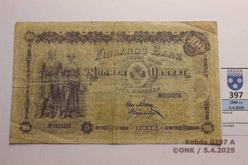 k-0397-a.jpg - Kohde 397 (kuva 1/2), lhthinta: 80 € / myyntihinta: 80 € 100 mk 1898 SNY 175.3 1225275 COL-Jg, rep, reiki, kunto: 3