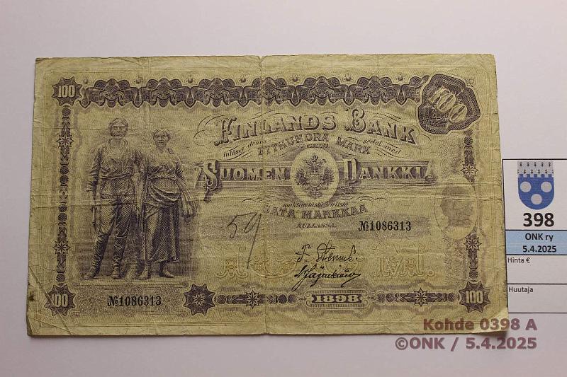 k-0398-a.jpg - Kohde 398 (kuva 1/2), lhthinta: 80 € / ei tarjouksia 100 mk 1898 SNY 175.3 1086313 STE-Jg, prep, keskireik, tahroja, km, kunto: 3