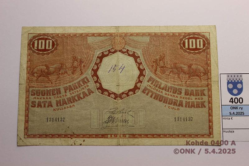 k-0400-a.jpg - Kohde 400 (kuva 1/2), lhthinta: 80 € / ei tarjouksia 100 mk 1918 SNY 177 1314137 STE-Ml, km, prep, tahroja, kunto: 3