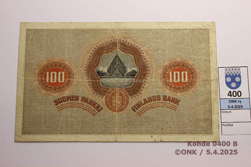 k-0400-b.jpg - Kohde 400 (kuva 2/2), lhthinta: 80 € / ei tarjouksia 100 mk 1918 SNY 177 1314137 STE-Ml, km, prep, tahroja, kunto: 3