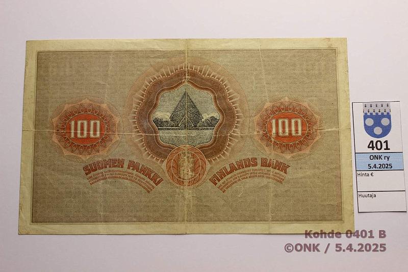 k-0401-b.jpg - Kohde 401 (kuva 2/2), lhthinta: 90 € / myyntihinta: 90 € 100 mk 1918 SNY 177 3563703 STE-Ml, tahroja, kunto: 4
