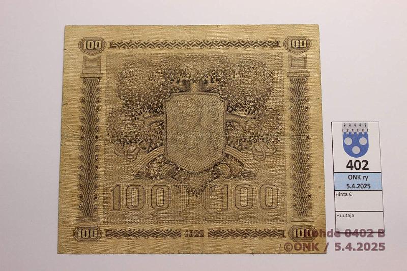 k-0402-b.jpg - Kohde 402 (kuva 2/2), lhthinta: 180 € / myyntihinta: 180 € 100 mk 1922 LB SNY 178.3 A0488464 RYT-The, harvinainen, kunto: 3