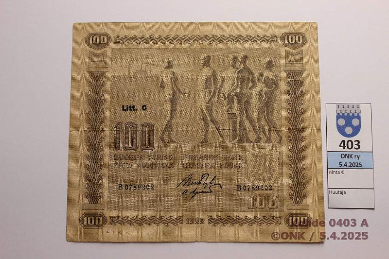 k-0403-a.jpg - Kohde 403 (kuva 1/2), lhthinta: 20 € / myyntihinta: 27 € 100 mk 1922 LC SNY 178.4.1 B0789202 RYT-OAs, harv ak-pari (v), kunto: 4
