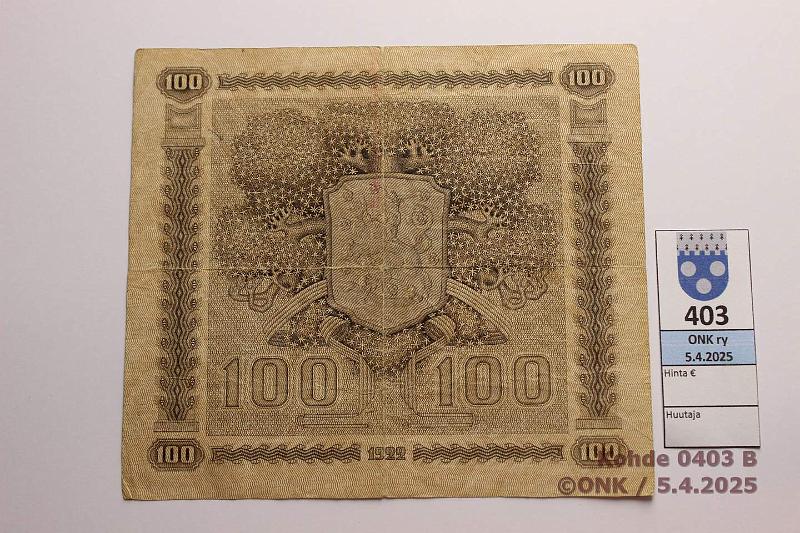 k-0403-b.jpg - Kohde 403 (kuva 2/2), lhthinta: 20 € / myyntihinta: 27 € 100 mk 1922 LC SNY 178.4.1 B0789202 RYT-OAs, harv ak-pari (v), kunto: 4