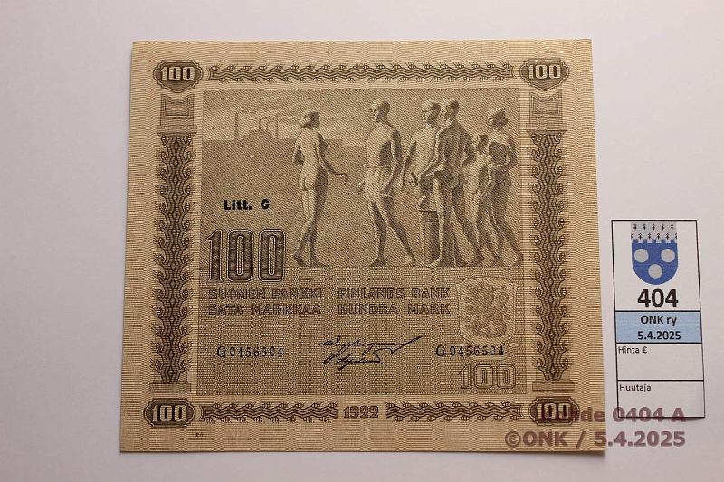 k-0404-a.jpg - Kohde 404, lhthinta: 60 € / myyntihinta: 96 € 100 mk 1922 LC SNY 178.4.1 G0456504 BUR-OAs, harv ak-pari (v), keskitaitos ja vhinen kulmataitos, kunto: 8