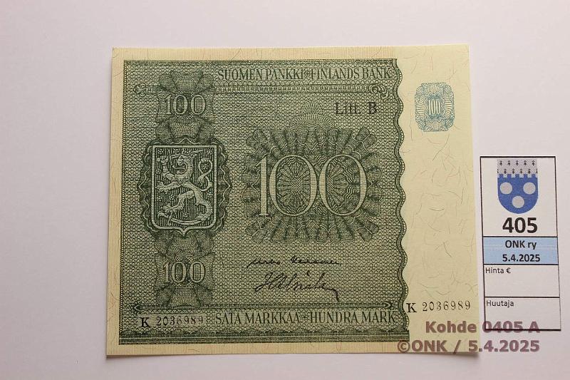 k-0405-a.jpg - Kohde 405 (kuva 1/2), lhthinta: 40 € / myyntihinta: 60 € 100 mk 1945 LB SNY 180.2.1 K2036989 KEK-Als, kunto: 9