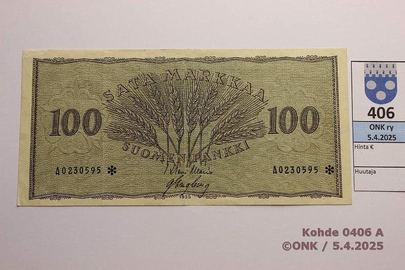 k-0406-a.jpg - Kohde 406 (kuva 1/2), lhthinta: 15 € / myyntihinta: 15 € 100 mk 1955 A* SNY 181.2 A0230595* WAR-Eng, korvaava, kunto: 5