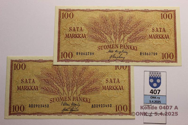 k-0407-a.jpg - Kohde 407, lhthinta: 5 € / myyntihinta: 11 € 100 mk 1957 (2) SNY 182.1.1 R..KA I-Eng, AO..WAR-AAs, kunto: 5, 7