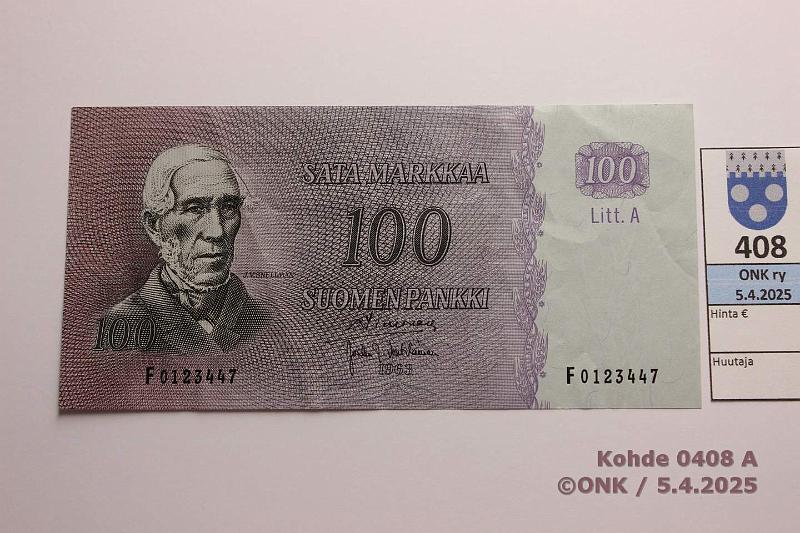 k-0408-a.jpg - Kohde 408 (kuva 1/2), lhthinta: 10 € / myyntihinta: 16 € 100 mk 1963 LA SNY 183.3.1 F0123447 SIM-Vou, kunto: 5