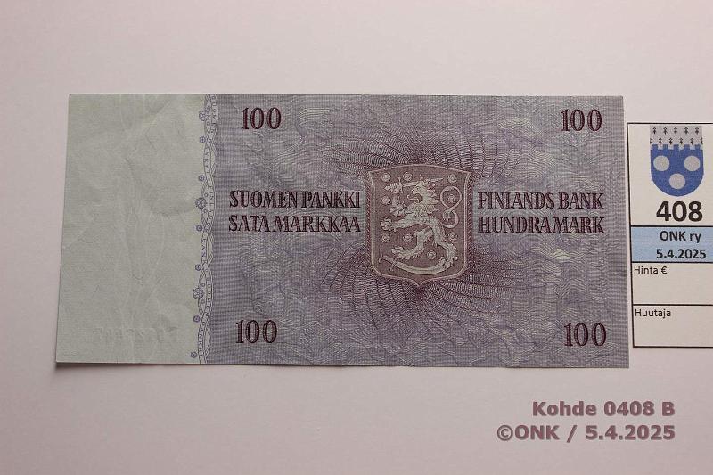 k-0408-b.jpg - Kohde 408 (kuva 2/2), lhthinta: 10 € / myyntihinta: 16 € 100 mk 1963 LA SNY 183.3.1 F0123447 SIM-Vou, kunto: 5