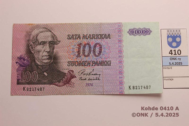 k-0410-a.jpg - Kohde 410 (kuva 1/2), lhthinta: 14 € / ei tarjouksia 100 mk 1976 SNY 184.1.1 K8217487 KU I-Ko1, kunto: 4