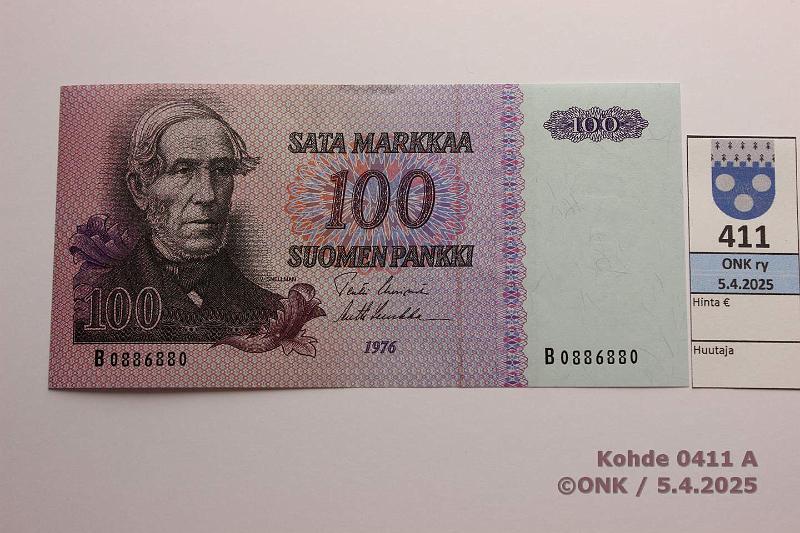k-0411-a.jpg - Kohde 411 (kuva 1/2), lhthinta: 30 € / myyntihinta: 78 € 100 mk 1976 SNY 184.1.1 B0886880 UUS-Luu, RADAR, kunto: 6