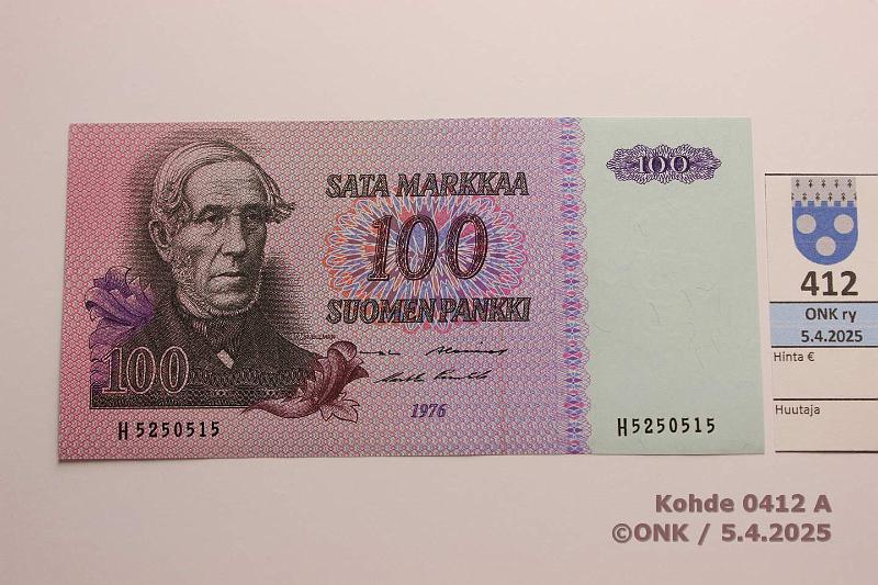 k-0412-a.jpg - Kohde 412, lhthinta: 25 € / myyntihinta: 25 € 100 mk 1976 SNY 184.1.1 H5250515 AL I-Pu1, kunto: 9