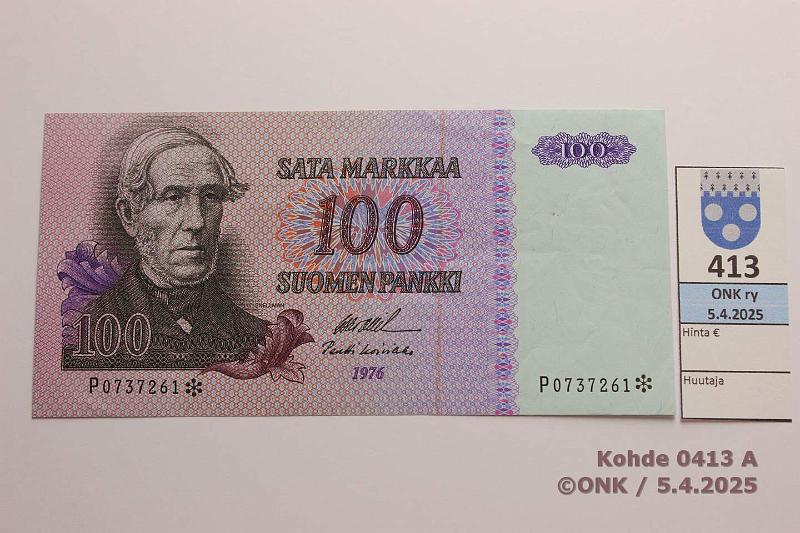 k-0413-a.jpg - Kohde 413, lhthinta: 15 € / myyntihinta: 17 € 100 mk 1976 P* SNY 184.2.5 P0737261* OL I-Ko1, korvaava, kunto: 5