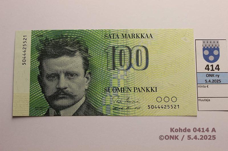 k-0414-a.jpg - Kohde 414 (kuva 1/2), lhthinta: 12 € / ei tarjouksia 100 mk 1986 SNY 185.1.1 5044425521 UUS-Pu1, kunto: 7
